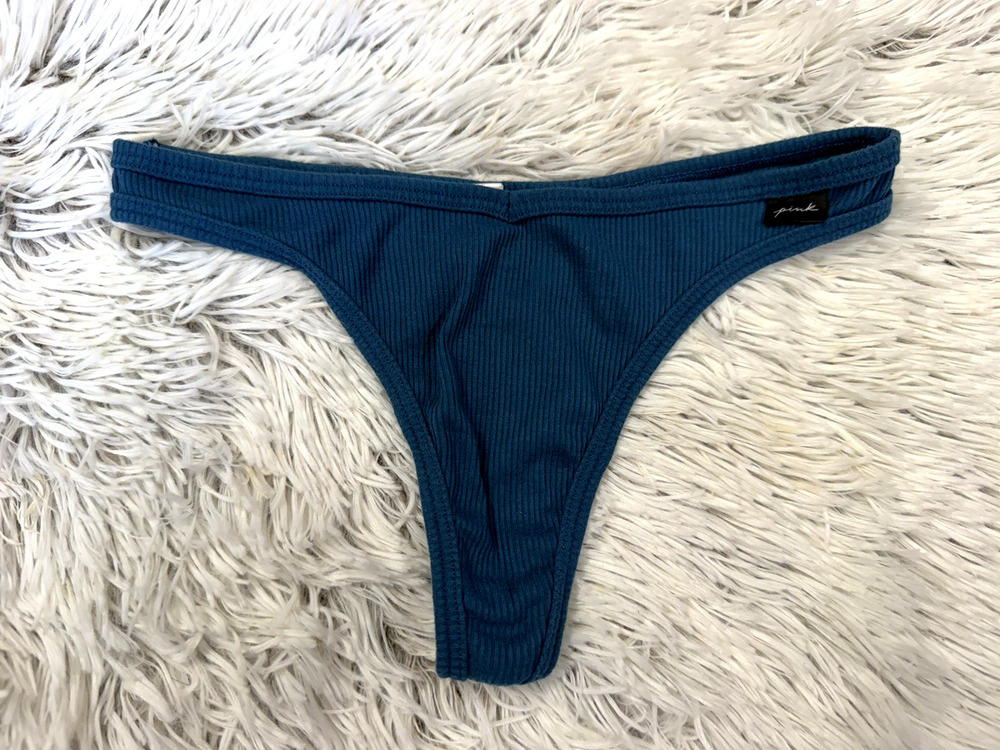 VICTORIA'S SECRET PINK BLUE RIBBED KNIT LOGO Sz SM LEG THONG PANTIES COTTON